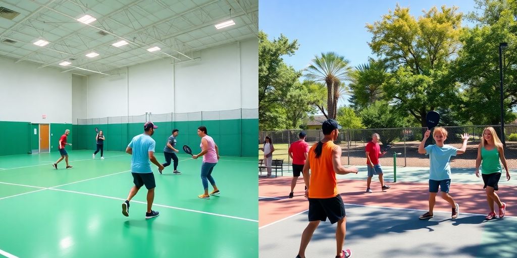 Indoor and outdoor pickleball courts with players playing.