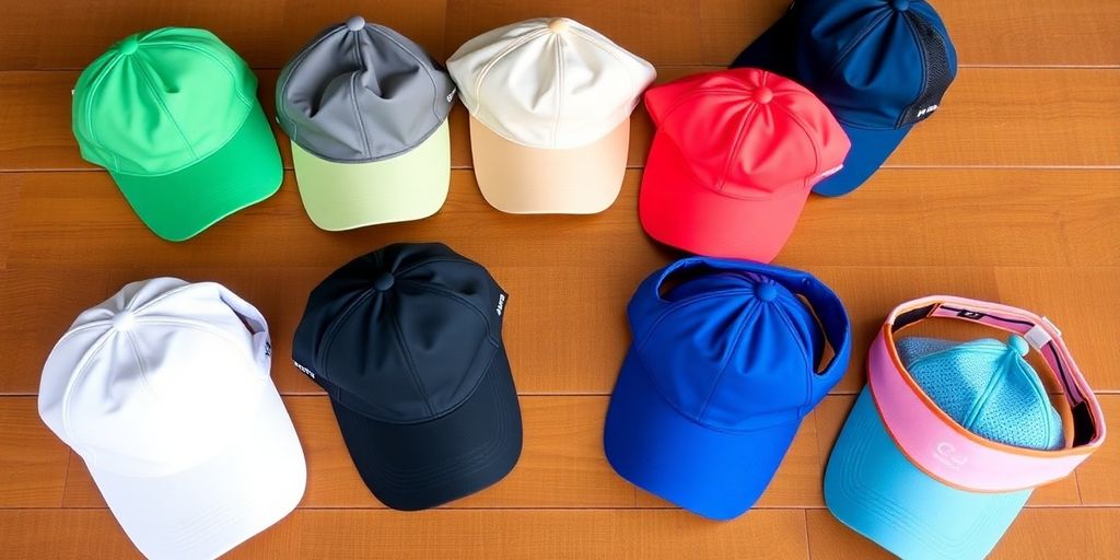 Colorful breathable pickleball hats and visors on display.